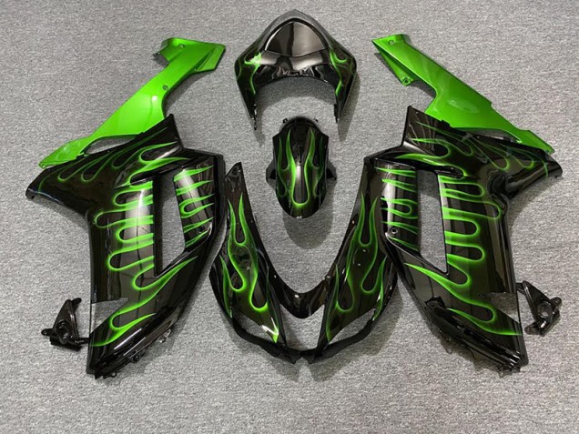 Gloss Black & Green Flame 2007-2008 ZX6R Motorcycle Fairing Gloss Black & Green Flame 2007-2008 ZX6R Motorcycle Fairing