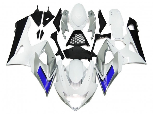 Gloss White Style with Silver Hints and Blue 2005-2006 GSXR 1000 Motorcycle Fairing Gloss White Style with Silver Hints and Blue 2005-2006 GSXR 1000 Motorcycle Fairing