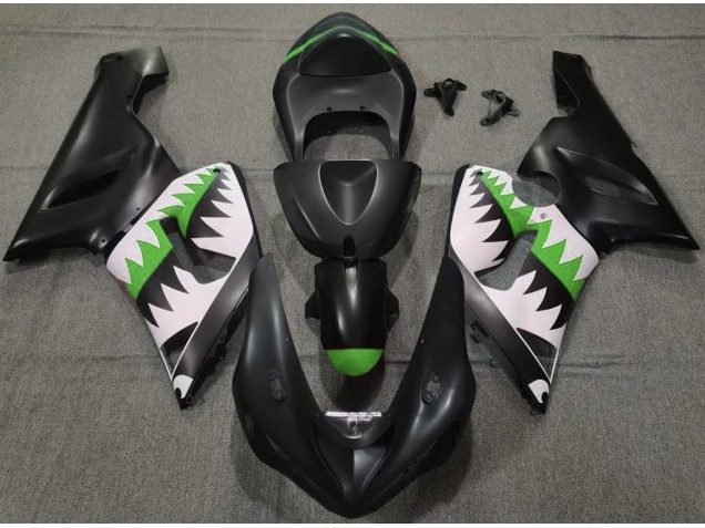 Matte Black and Green Shark 2005-2006 ZX6R Motorcycle Fairing Matte Black and Green Shark 2005-2006 ZX6R Motorcycle Fairing