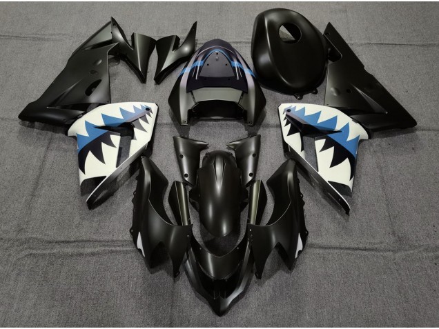 Matte Black and Light Blue Shark 2004-2005 ZX10R Motorcycle Fairing Matte Black and Light Blue Shark 2004-2005 ZX10R Motorcycle Fairing