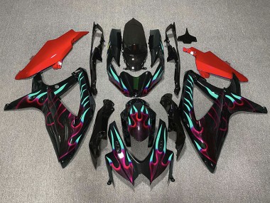 Red and Cyan Flame 2008-2010 GSXR 600-750 Motorcycle Fairing